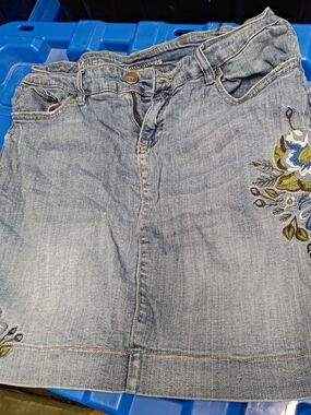 Denver Hayes Light Blue Denim Mini Skirt with Floral Embroidery